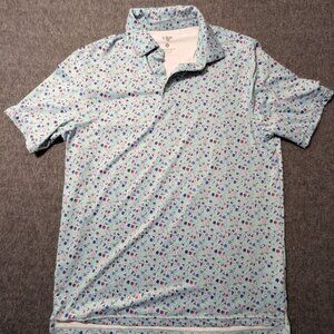 1764 Polo Shirt Mens Medium Blue Cocktail Glass Print Performance Golf Party Fun